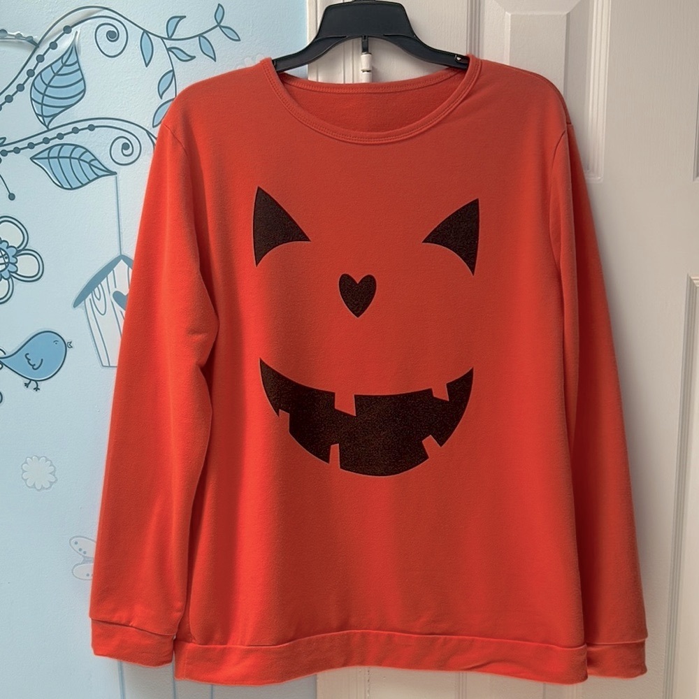 Orange Halloween Cat Face Holidays Sweatshirt Women’s Long Sleeves Tee Size L !